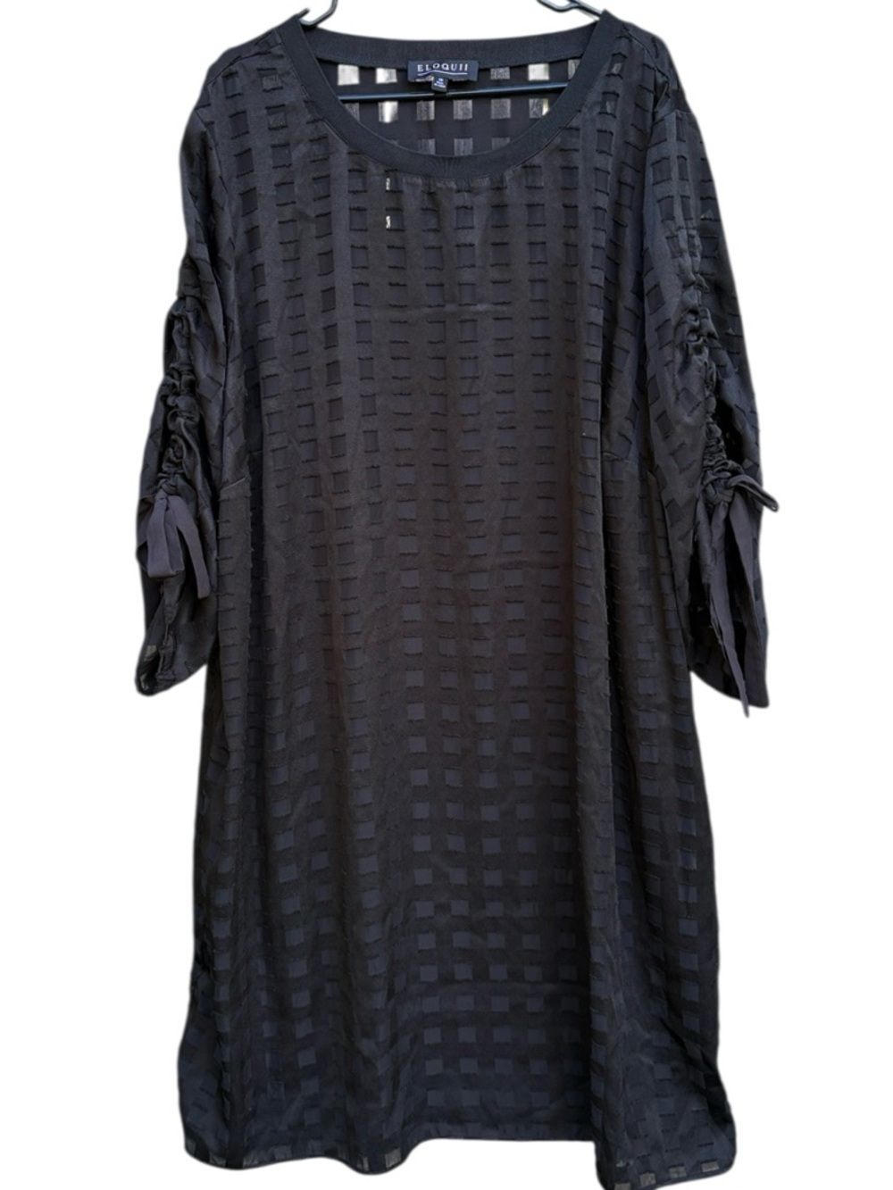 EUC ELOQUII Ruched sleeve Windowpane Pattern Shift Dress Black Size 28